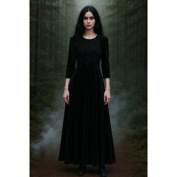 vintage 90s BLACK VELVET DRESS midi goth emo embroidered witchicore black S - Picture 1 of 8
